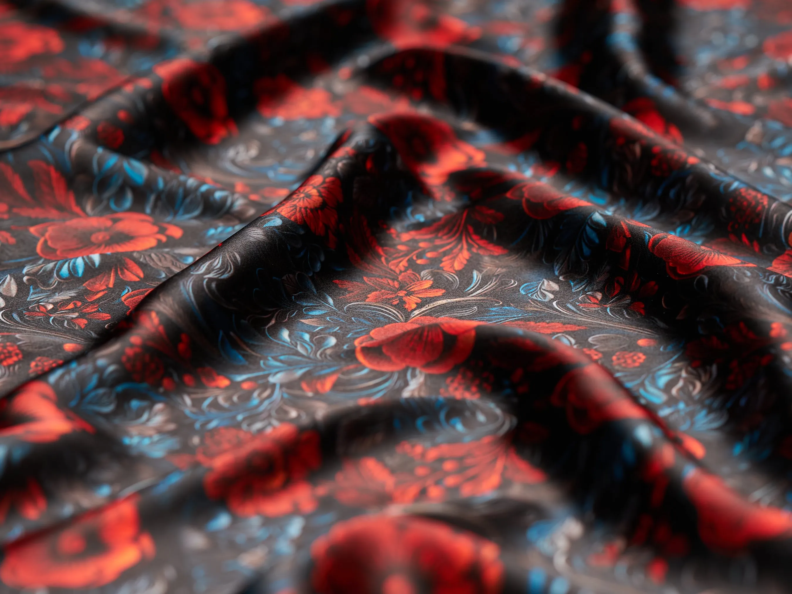 3D red, black, gray tooled leather floral silky charmeuse.