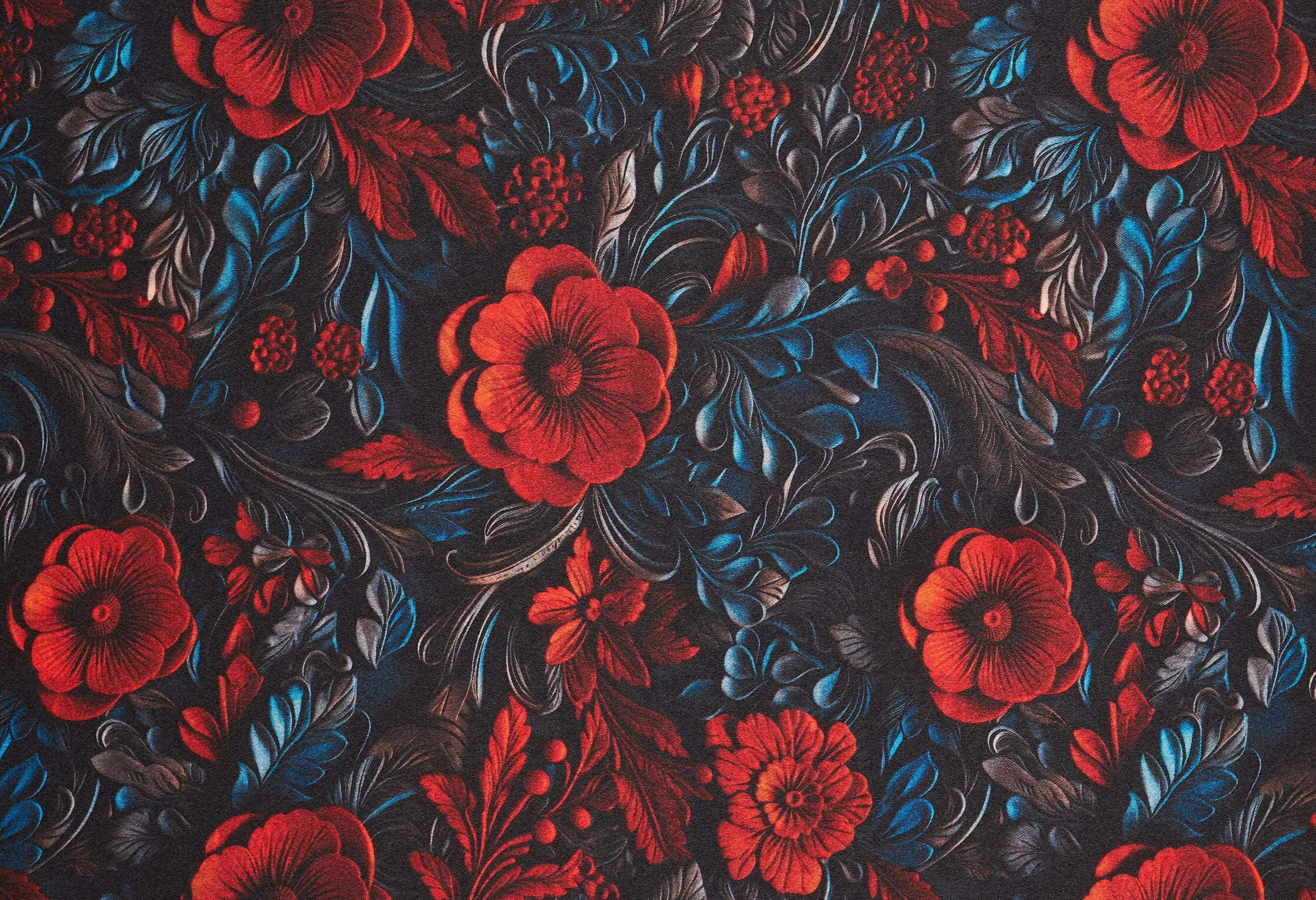 3D red, black, gray tooled leather floral silky charmeuse.