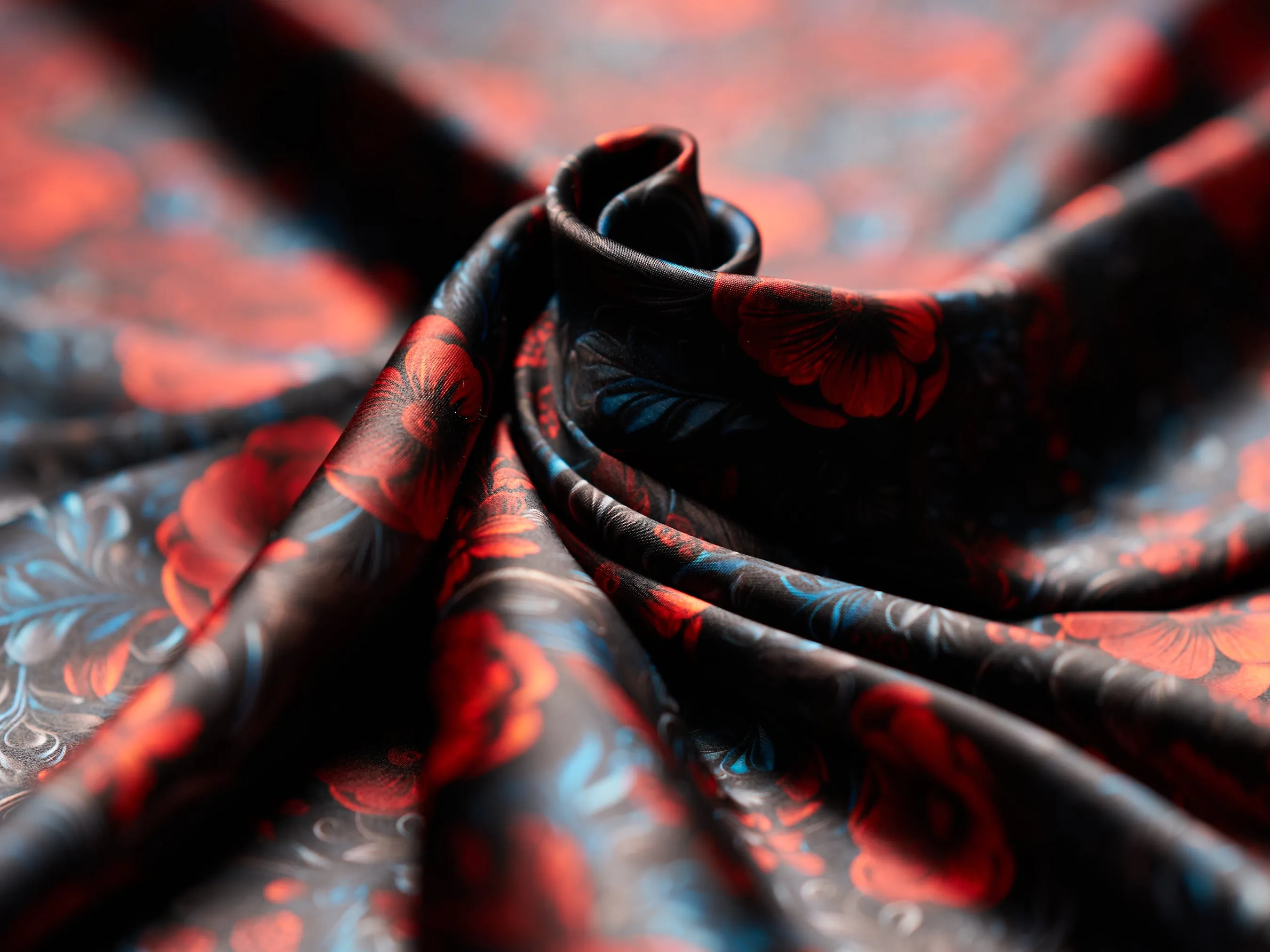 3D red, black, gray tooled leather floral silky charmeuse.