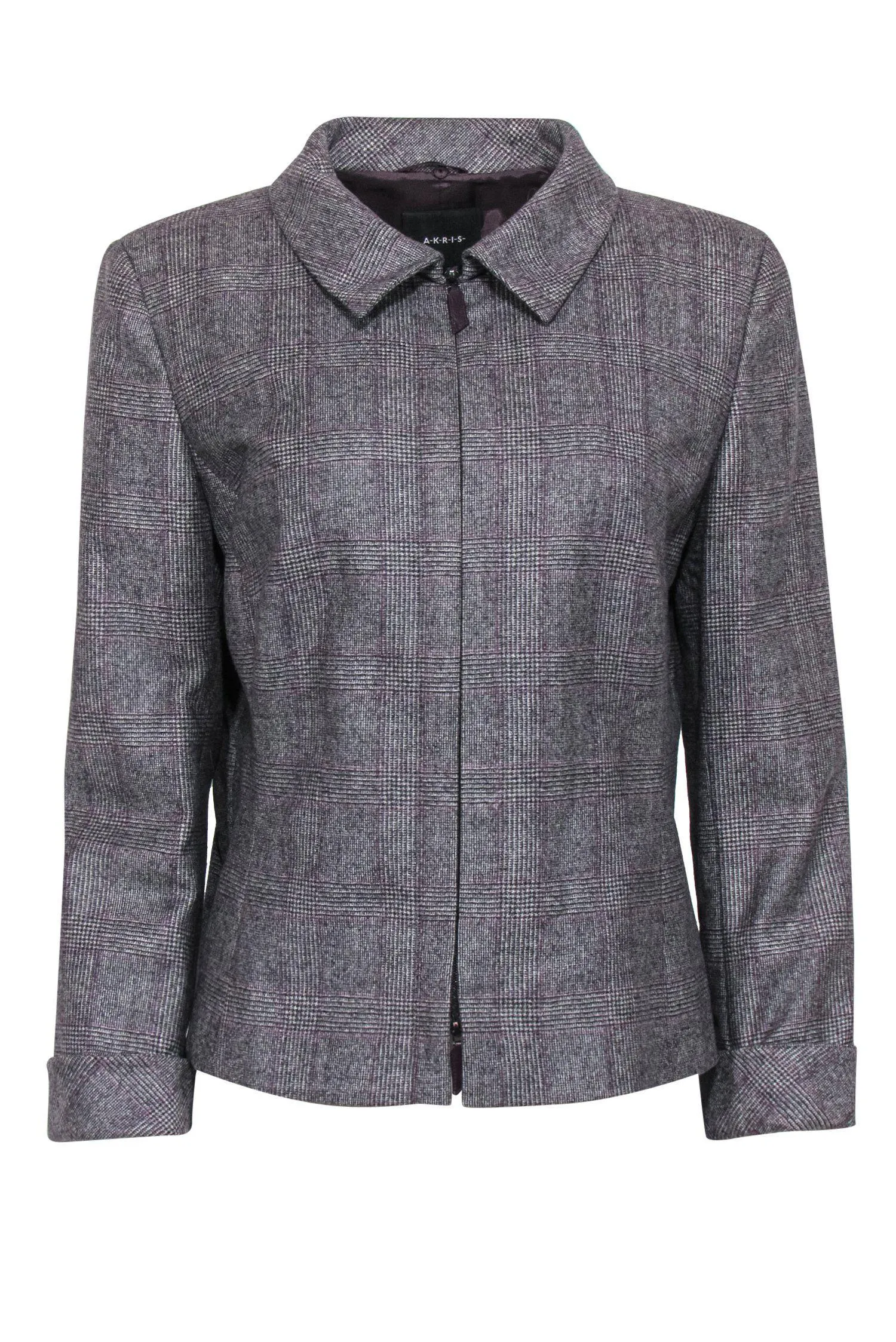 Akris - Grey, Black & Purple Glen Plaid Zip-Up Jacket Sz 12