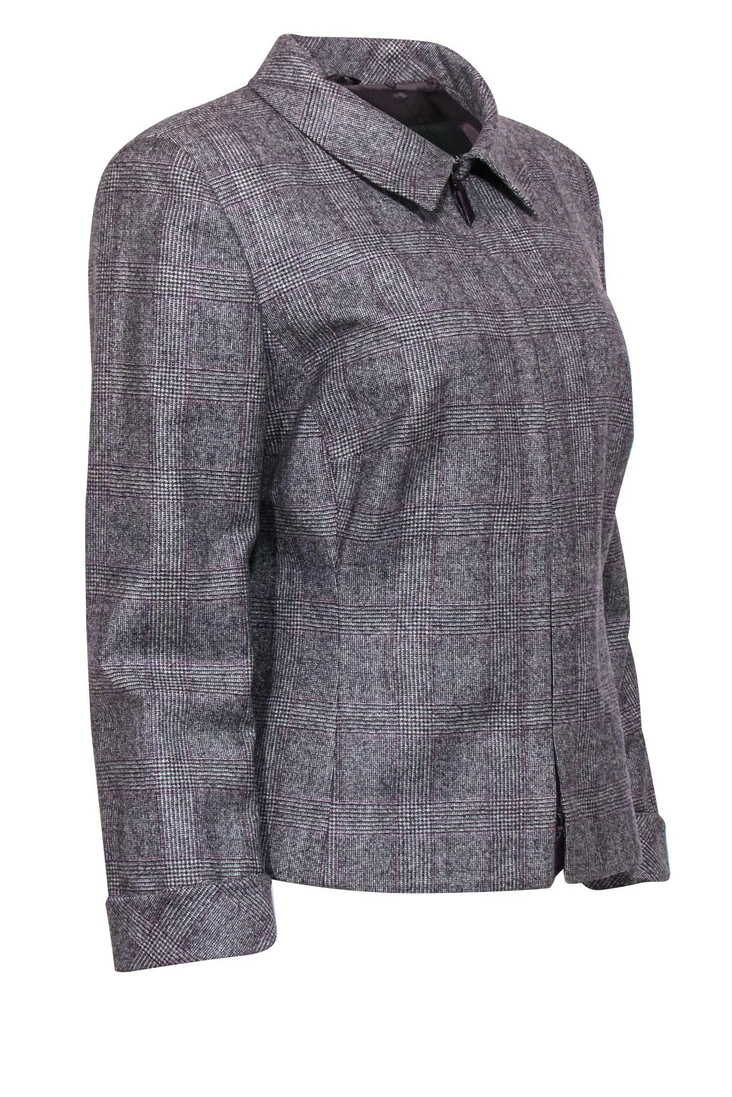 Akris - Grey, Black & Purple Glen Plaid Zip-Up Jacket Sz 12