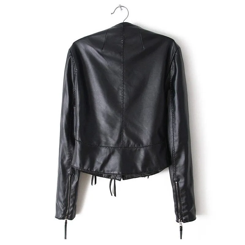 Autumn Ladies Motorcycle Leather Jacket Turn down Collar