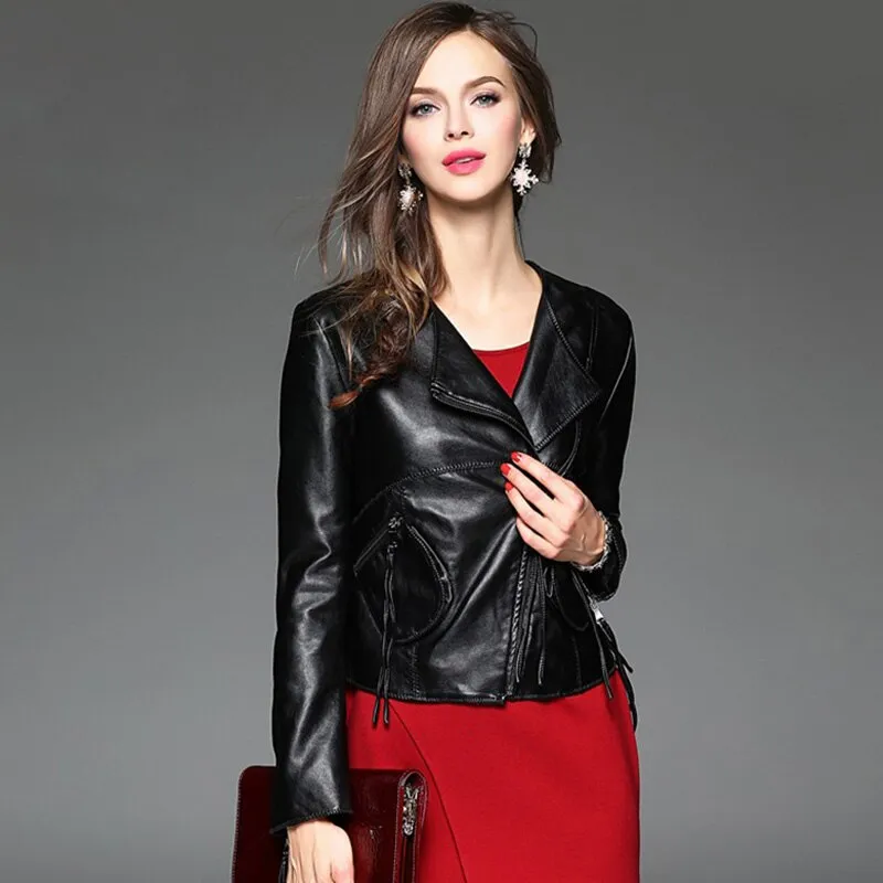 Autumn Ladies Motorcycle Leather Jacket Turn down Collar
