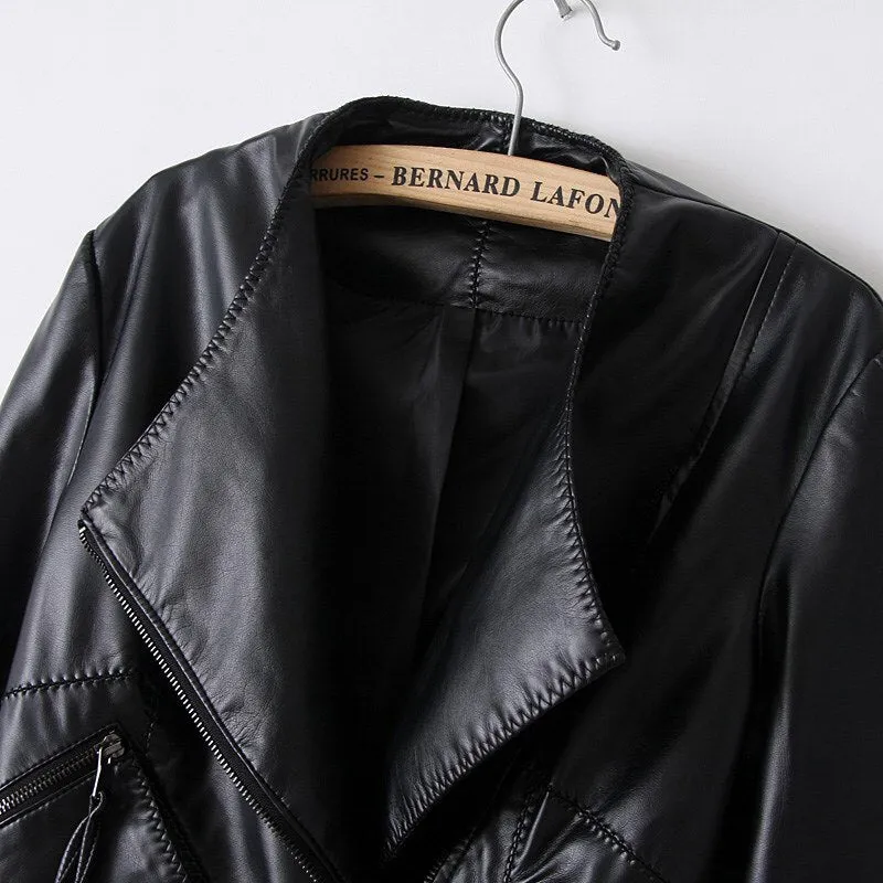 Autumn Ladies Motorcycle Leather Jacket Turn down Collar