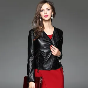Autumn Ladies Motorcycle Leather Jacket Turn down Collar