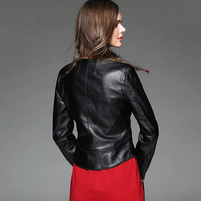 Autumn Ladies Motorcycle Leather Jacket Turn down Collar