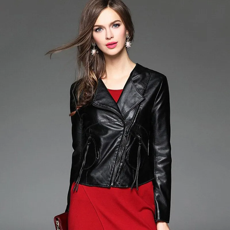 Autumn Ladies Motorcycle Leather Jacket Turn down Collar