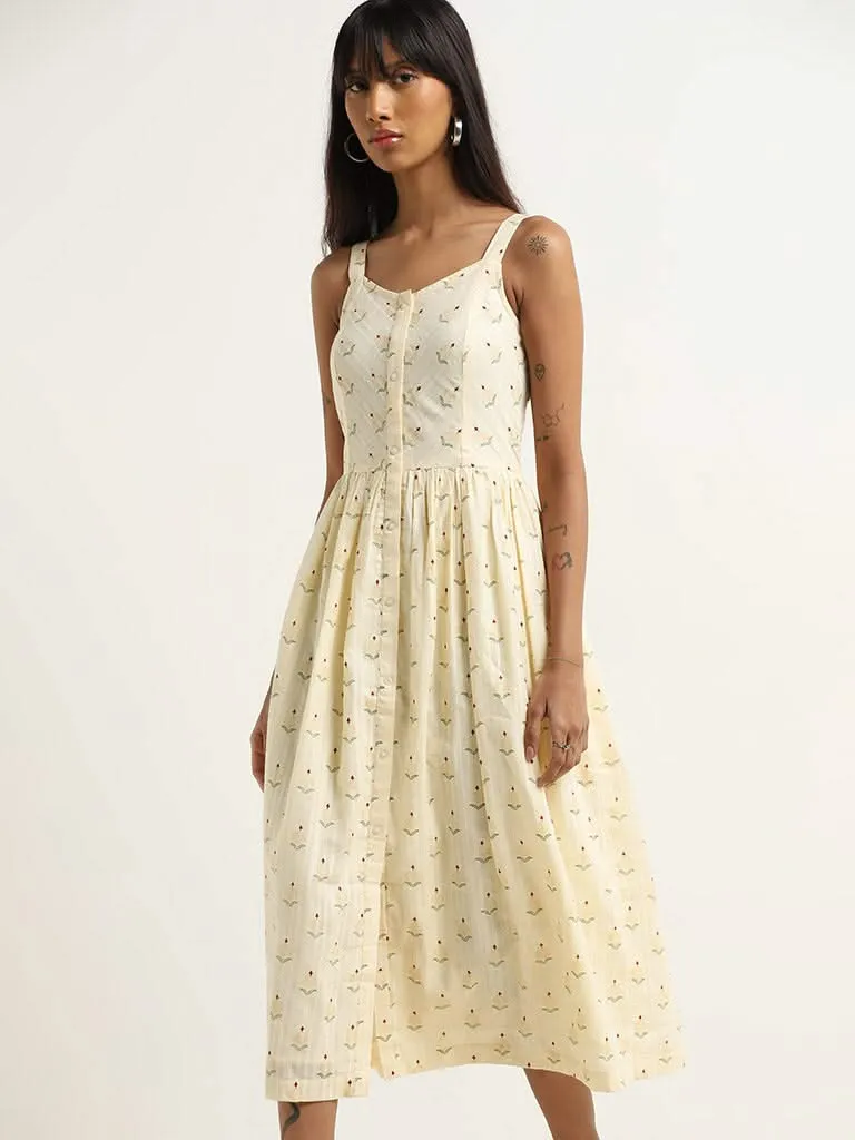 Bombay Paisley Off-White Floral Design A-Line Cotton Dress