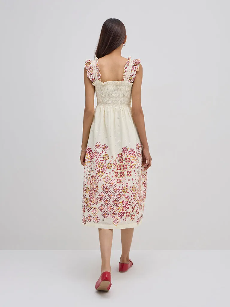 Bombay Paisley Off-White Schiffli Cotton A-Line Dress
