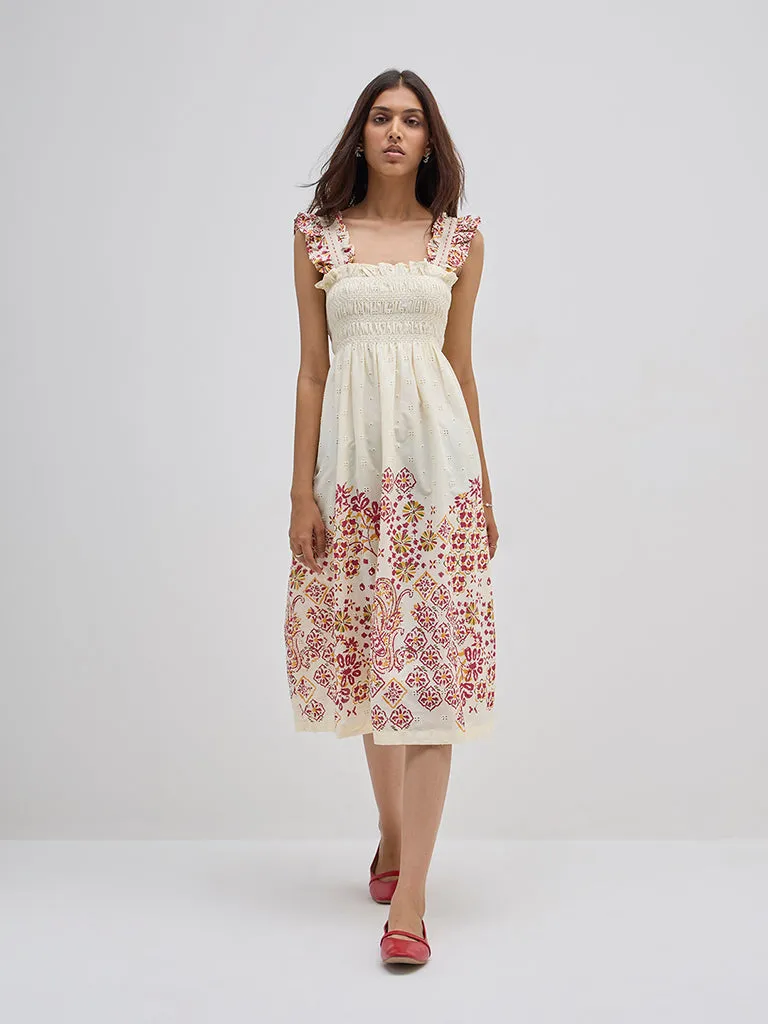 Bombay Paisley Off-White Schiffli Cotton A-Line Dress