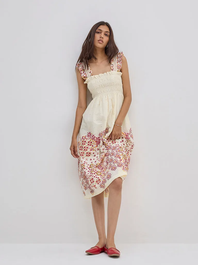 Bombay Paisley Off-White Schiffli Cotton A-Line Dress