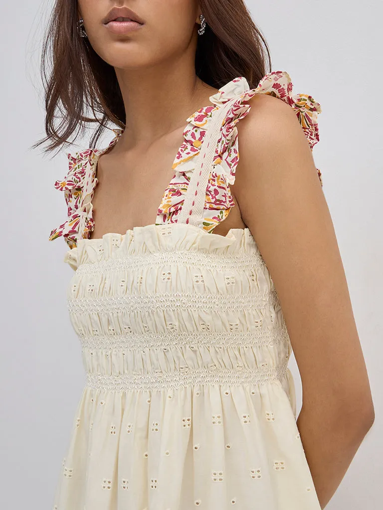 Bombay Paisley Off-White Schiffli Cotton A-Line Dress