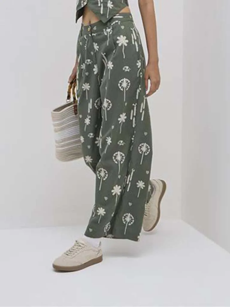 Bombay Paisley Olive Floral High-Rise Cotton Blend Pants