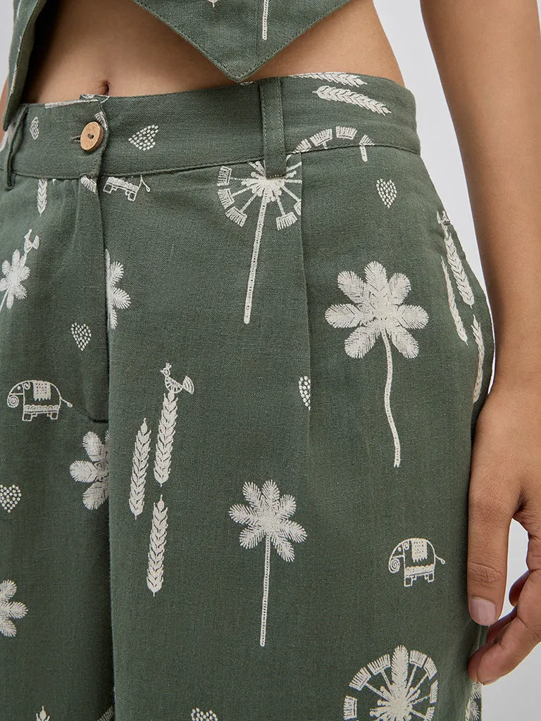 Bombay Paisley Olive Floral High-Rise Cotton Blend Pants