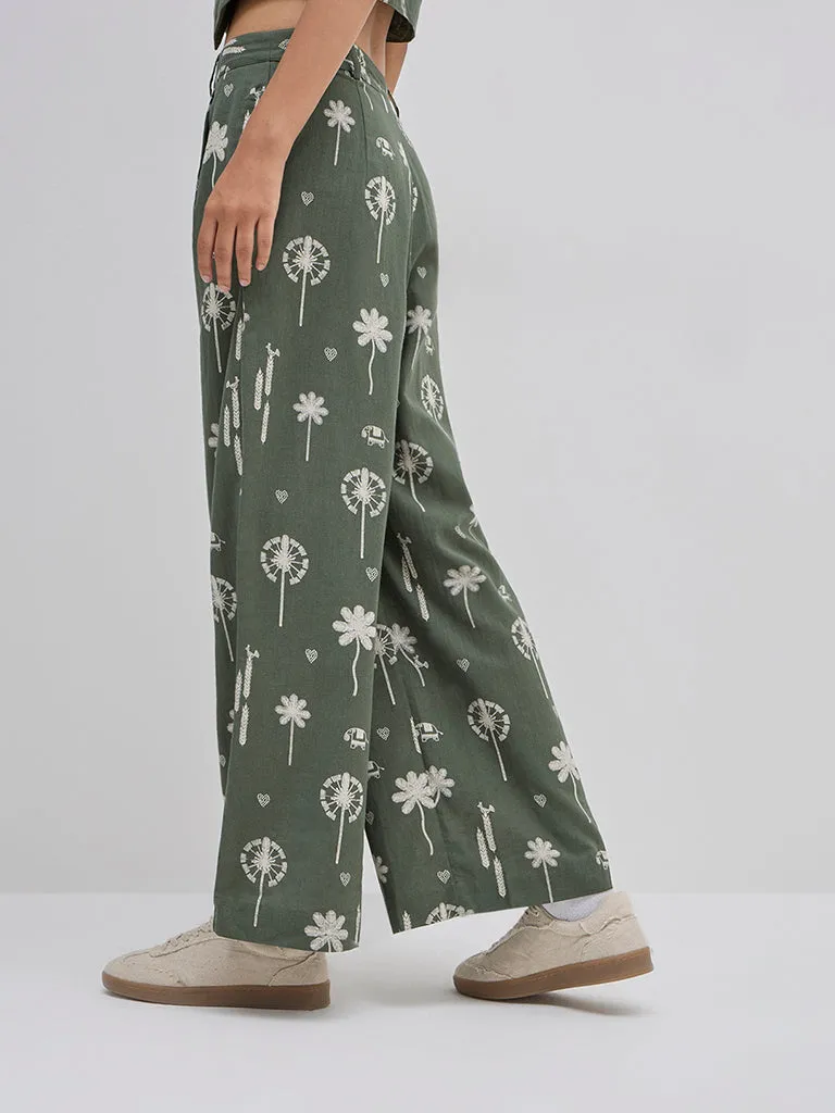 Bombay Paisley Olive Floral High-Rise Cotton Blend Pants