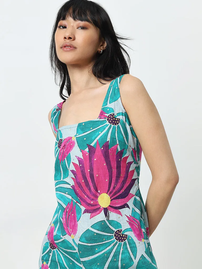 Bombay Paisley Teal Floral Print A-Line Cotton Blend Dress