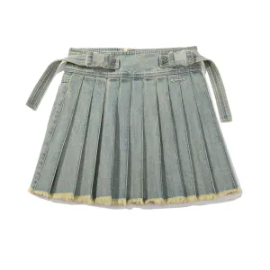 Buckle Straps Denim Pleated Skirt - Blue