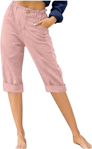 Cotton Linen Capri Pants for Women Casual Summer Straight Leg Trouser Buttons High Waist Cropped Pant with Pocket