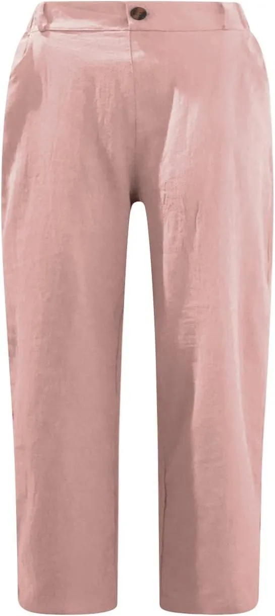 Cotton Linen Capri Pants for Women Casual Summer Straight Leg Trouser Buttons High Waist Cropped Pant with Pocket