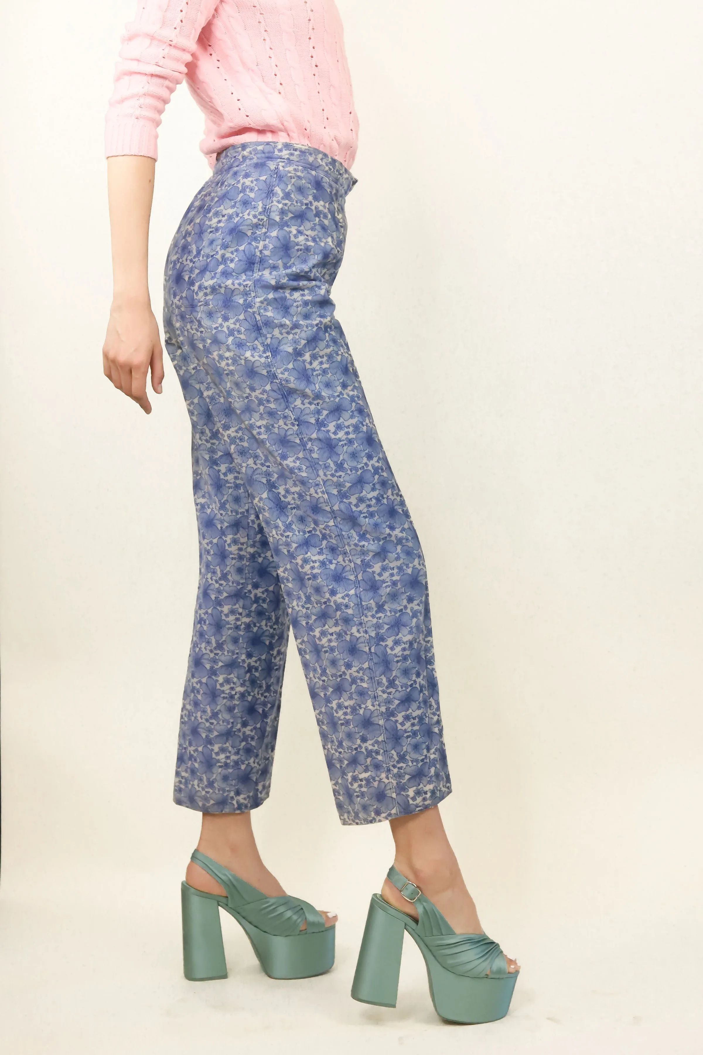 Courreges c.1970's Blue Floral Corduroy Pant