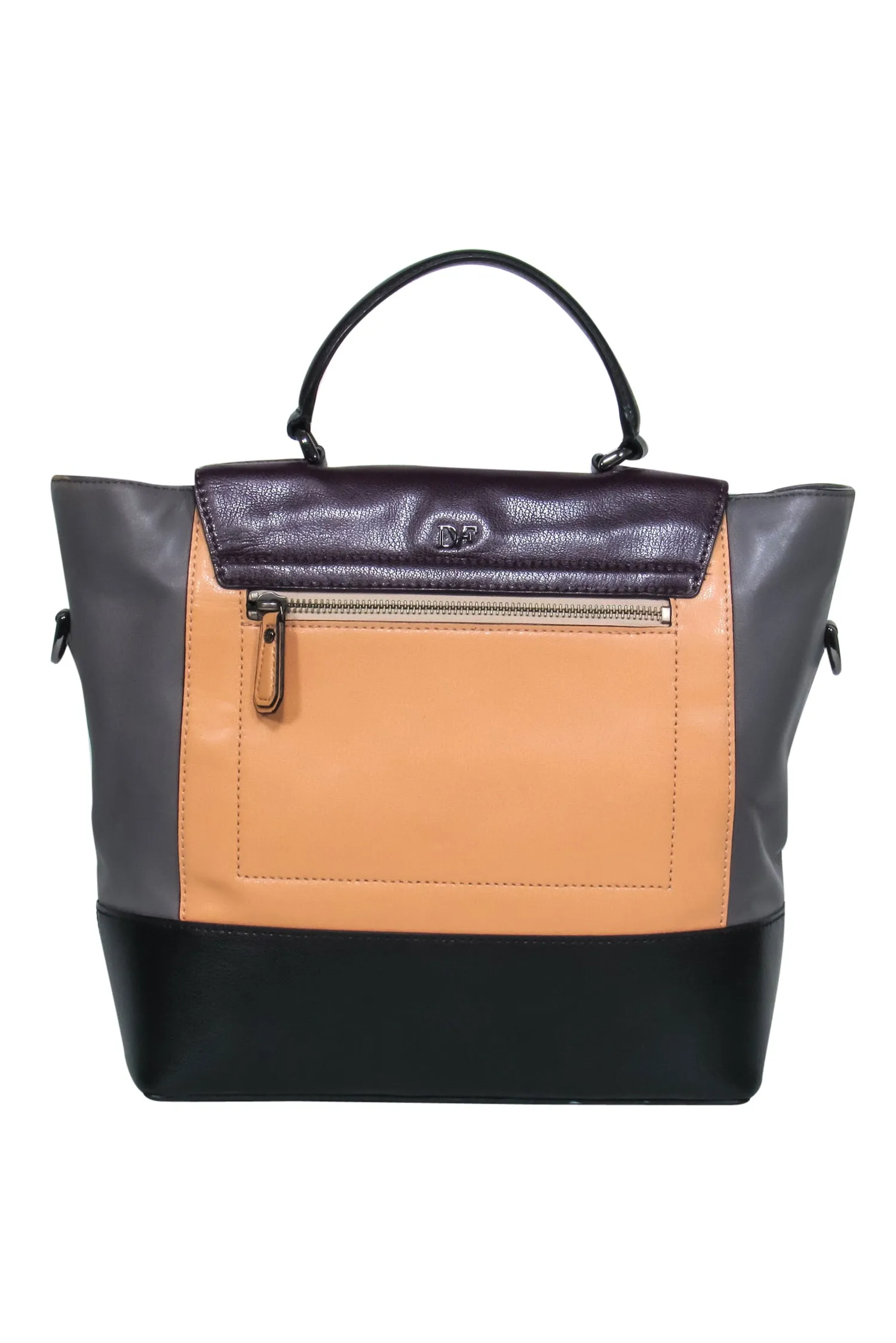 Diane von Furstenberg - Grey, Black, Beige & Deep Purple Colorblocked Leather Convertible Satchel