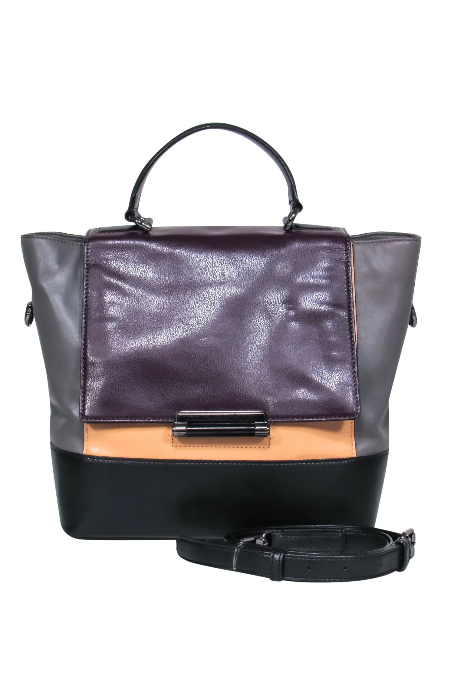 Diane von Furstenberg - Grey, Black, Beige & Deep Purple Colorblocked Leather Convertible Satchel