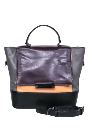Diane von Furstenberg - Grey, Black, Beige & Deep Purple Colorblocked Leather Convertible Satchel