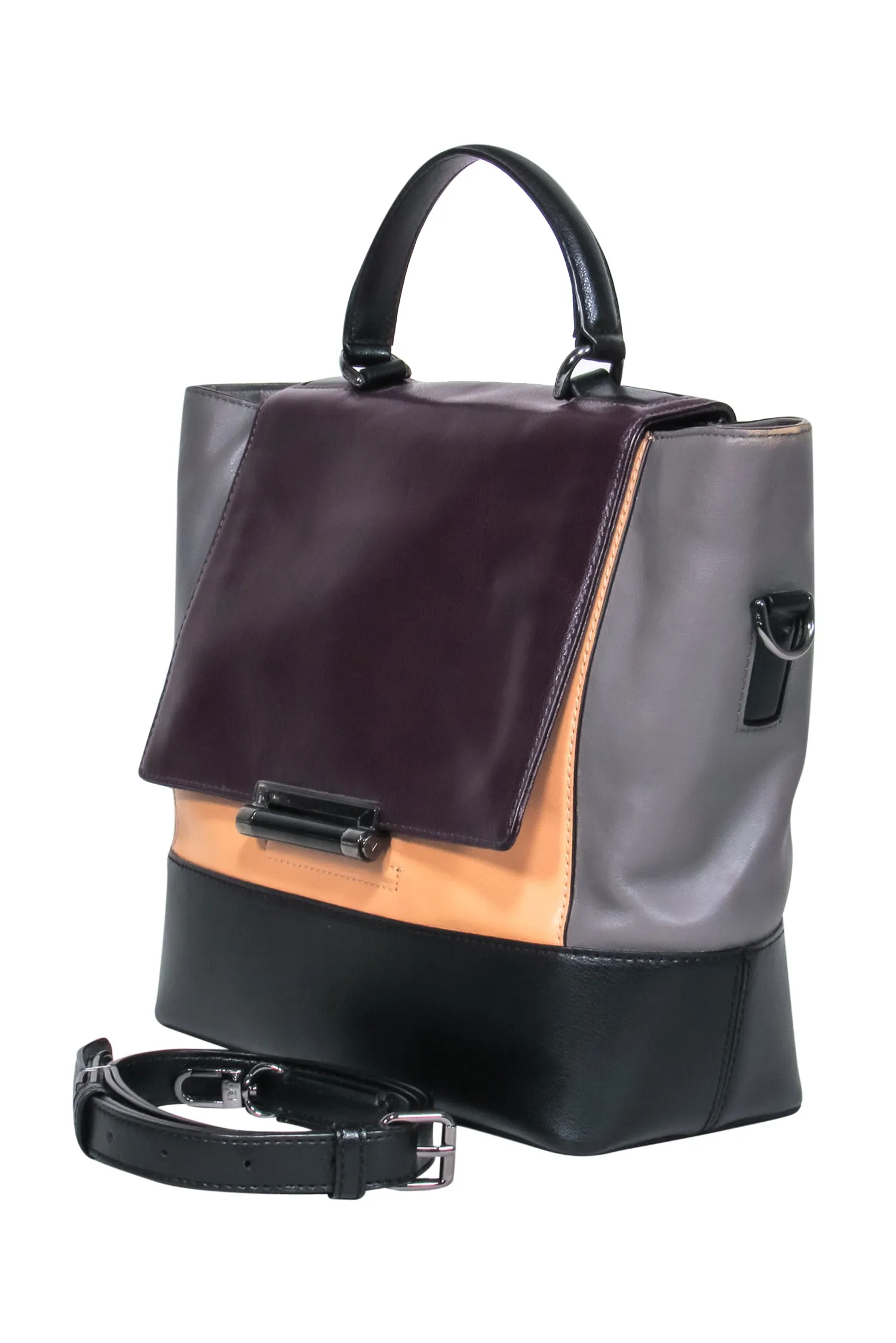 Diane von Furstenberg - Grey, Black, Beige & Deep Purple Colorblocked Leather Convertible Satchel