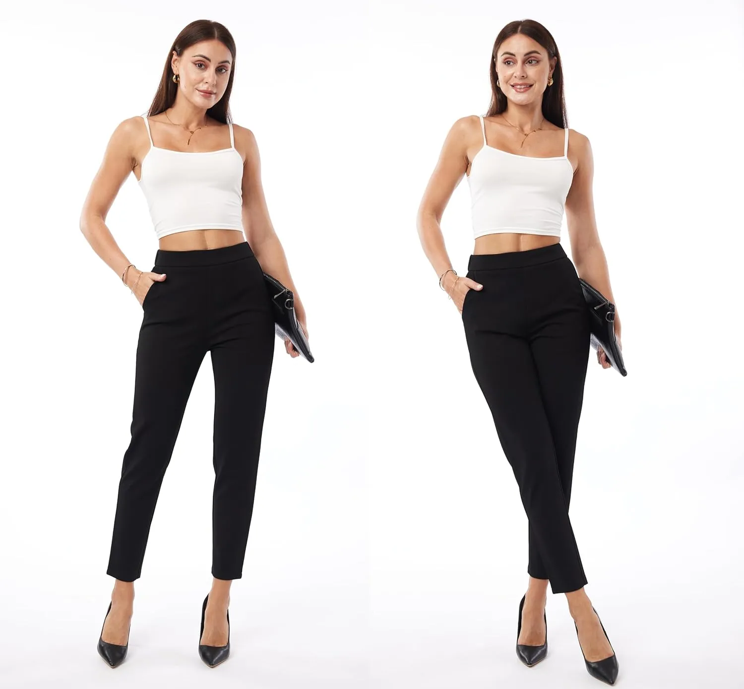 heipeiwa Women's Dress Pants High Waist Pull on Pants Comfort Stretch Work Slacks Crop Trouser