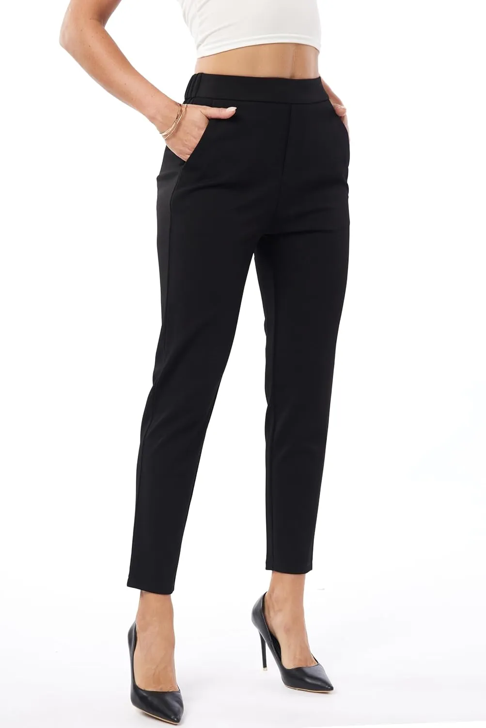 heipeiwa Women's Dress Pants High Waist Pull on Pants Comfort Stretch Work Slacks Crop Trouser
