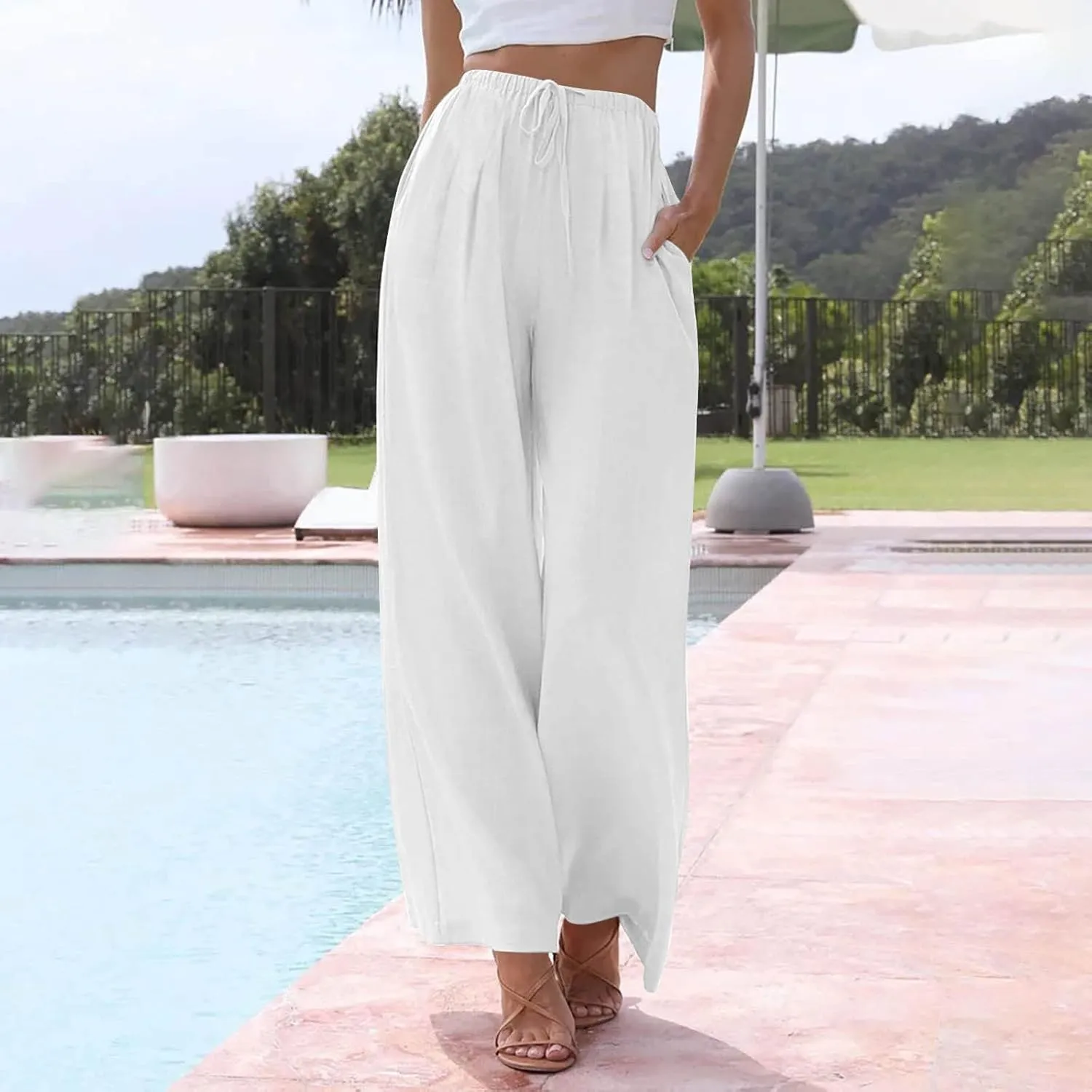 Linen Pants Women,Casual Pants Trendy Wide Leg High Waisted Cotton Linen Drawstring Summer Trouser with Pockets