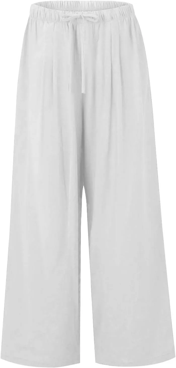 Linen Pants Women,Casual Pants Trendy Wide Leg High Waisted Cotton Linen Drawstring Summer Trouser with Pockets