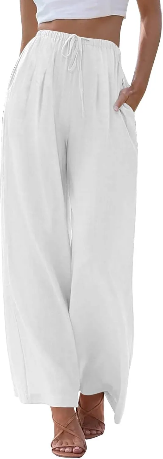 Linen Pants Women,Casual Pants Trendy Wide Leg High Waisted Cotton Linen Drawstring Summer Trouser with Pockets