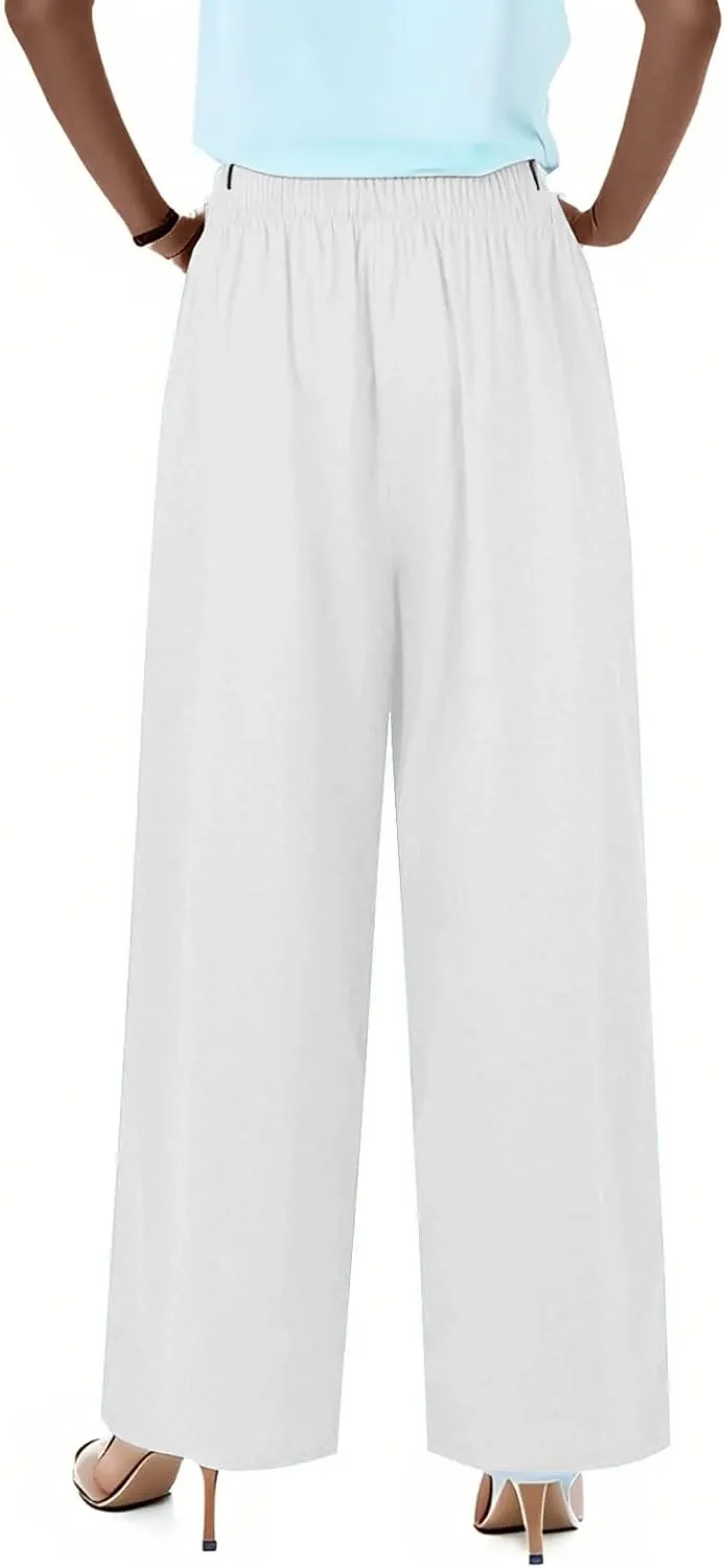 Linen Pants Women,Casual Pants Trendy Wide Leg High Waisted Cotton Linen Drawstring Summer Trouser with Pockets