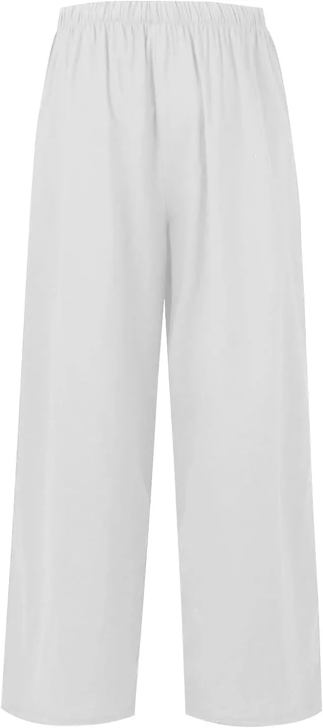 Linen Pants Women,Casual Pants Trendy Wide Leg High Waisted Cotton Linen Drawstring Summer Trouser with Pockets