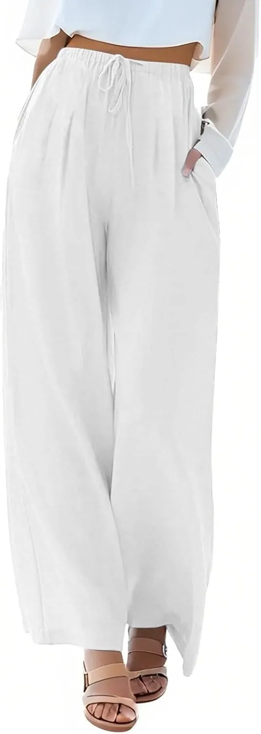 Linen Pants Women,Casual Pants Trendy Wide Leg High Waisted Cotton Linen Drawstring Summer Trouser with Pockets