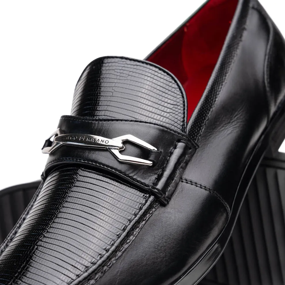 Marco Di Milano Hugo Men's Shoes Black Exotic Lizard / Calf-Skin Leather Horsebit Loafers (MDM1082)