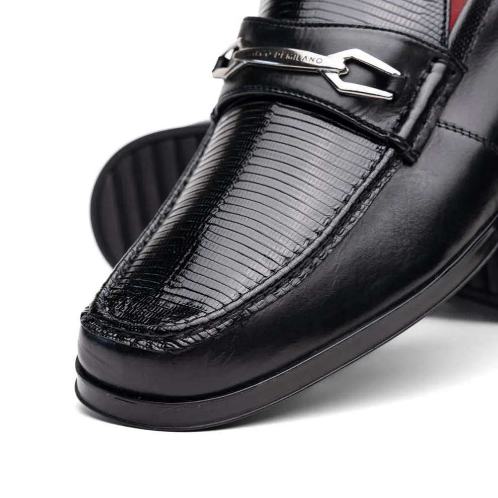 Marco Di Milano Hugo Men's Shoes Black Exotic Lizard / Calf-Skin Leather Horsebit Loafers (MDM1082)