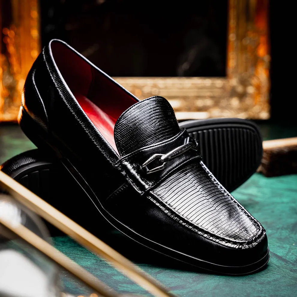 Marco Di Milano Hugo Men's Shoes Black Exotic Lizard / Calf-Skin Leather Horsebit Loafers (MDM1082)