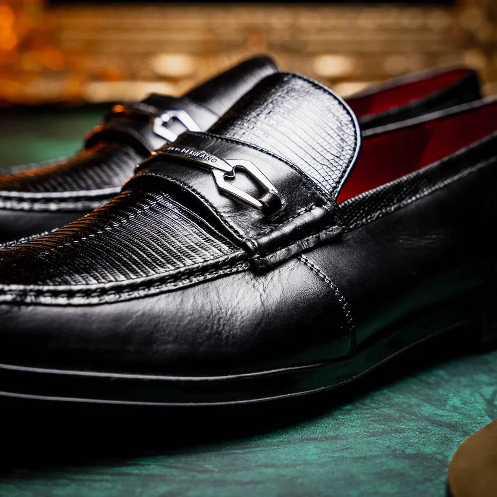 Marco Di Milano Hugo Men's Shoes Black Exotic Lizard / Calf-Skin Leather Horsebit Loafers (MDM1082)