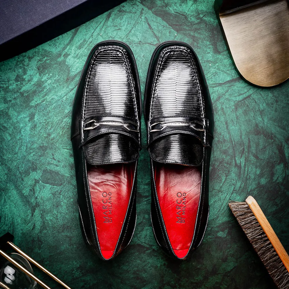Marco Di Milano Hugo Men's Shoes Black Exotic Lizard / Calf-Skin Leather Horsebit Loafers (MDM1082)