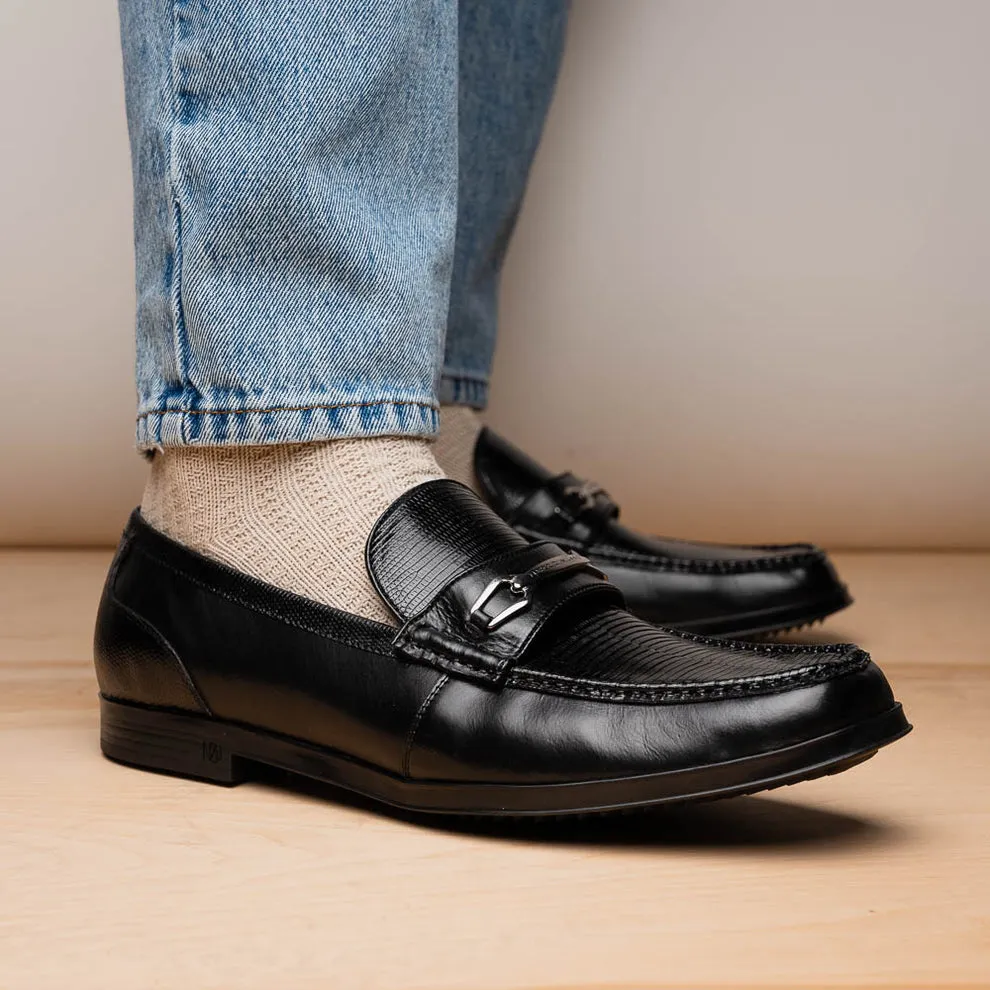 Marco Di Milano Hugo Men's Shoes Black Exotic Lizard / Calf-Skin Leather Horsebit Loafers (MDM1082)