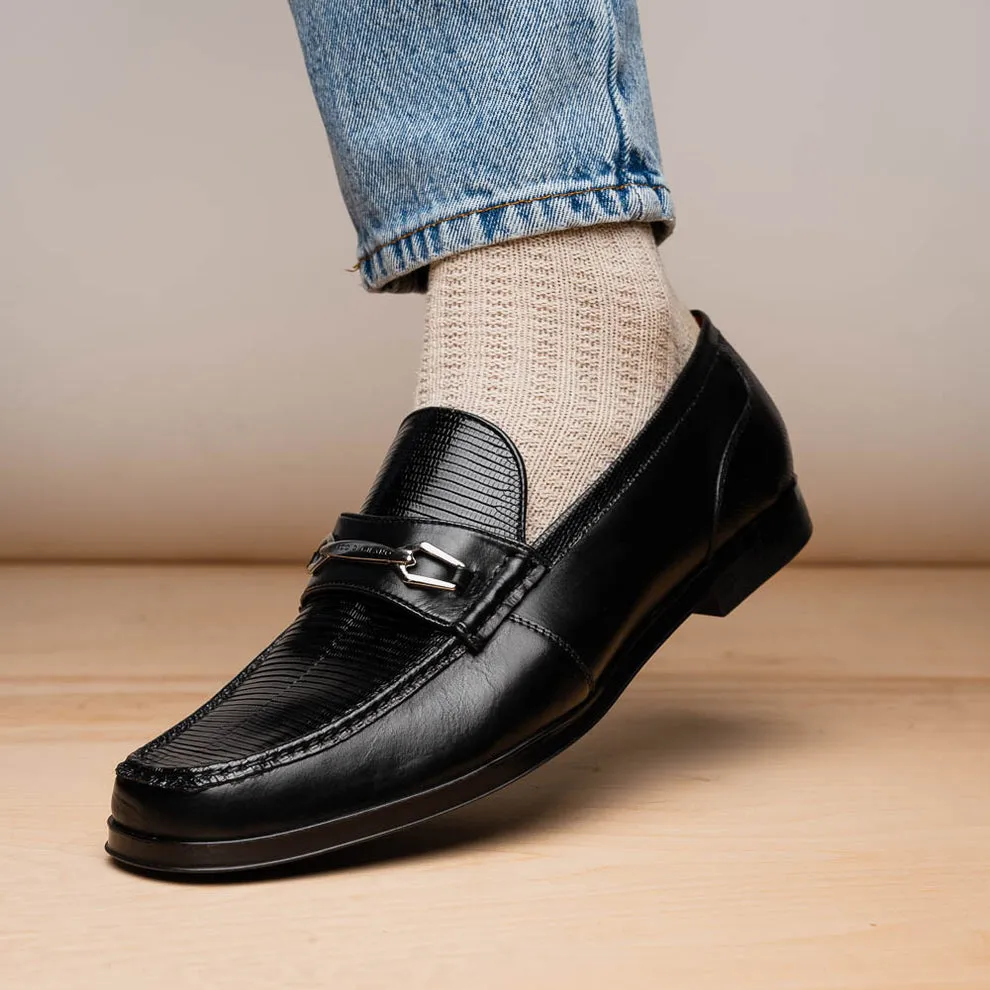 Marco Di Milano Hugo Men's Shoes Black Exotic Lizard / Calf-Skin Leather Horsebit Loafers (MDM1082)