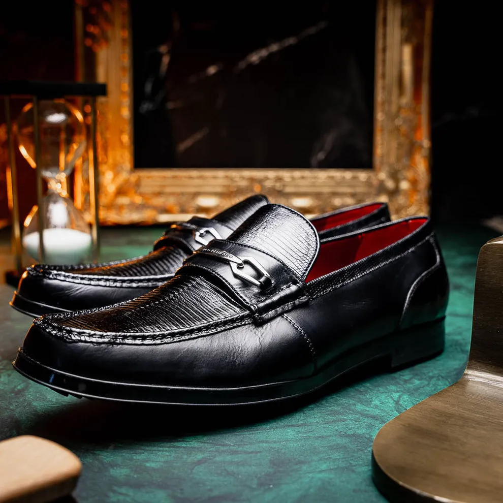 Marco Di Milano Hugo Men's Shoes Black Exotic Lizard / Calf-Skin Leather Horsebit Loafers (MDM1082)
