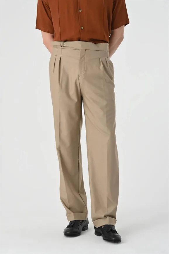 Men's Dark Beige High Waist Buckle Detail Pleated Trousers