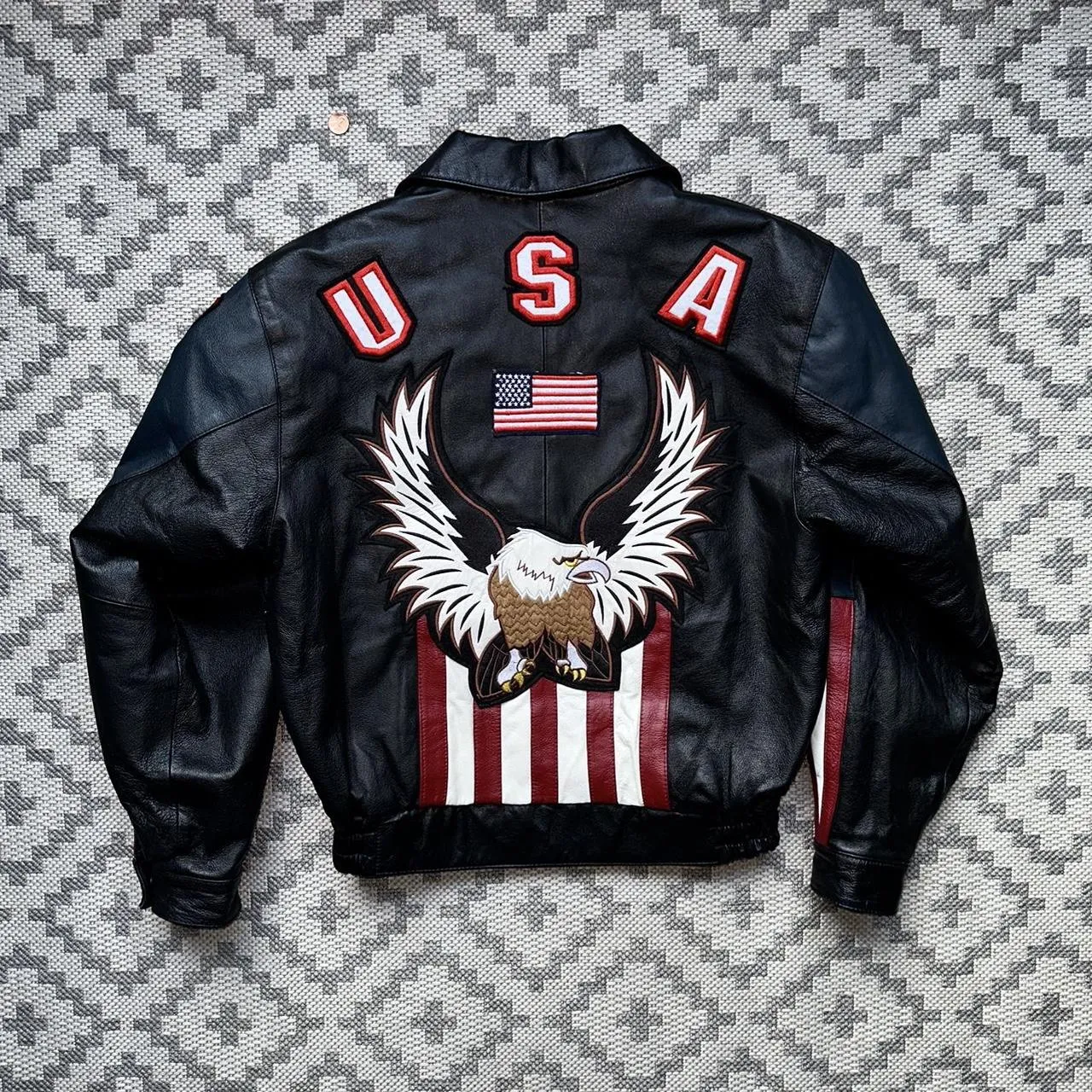 Premium Black Biker Leather Jacket USA Flag