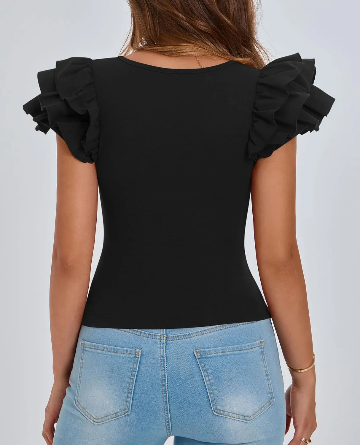 PRETTYGARDEN Womens Ruffle Short Sleeve Crew Neck Shirts 2025 Summer Casual Basic Tee Cute Fitted Fashion Tops Clothes