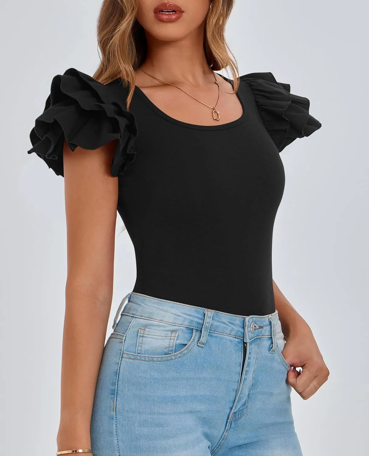 PRETTYGARDEN Womens Ruffle Short Sleeve Crew Neck Shirts 2025 Summer Casual Basic Tee Cute Fitted Fashion Tops Clothes
