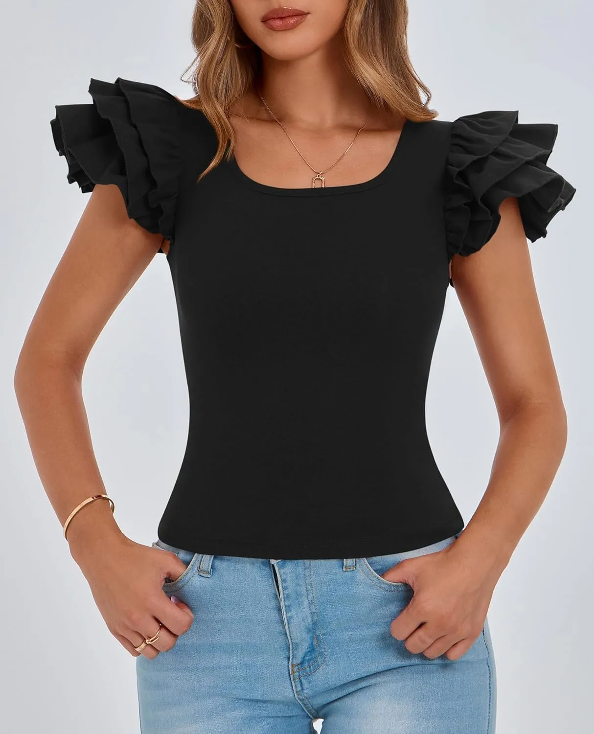 PRETTYGARDEN Womens Ruffle Short Sleeve Crew Neck Shirts 2025 Summer Casual Basic Tee Cute Fitted Fashion Tops Clothes