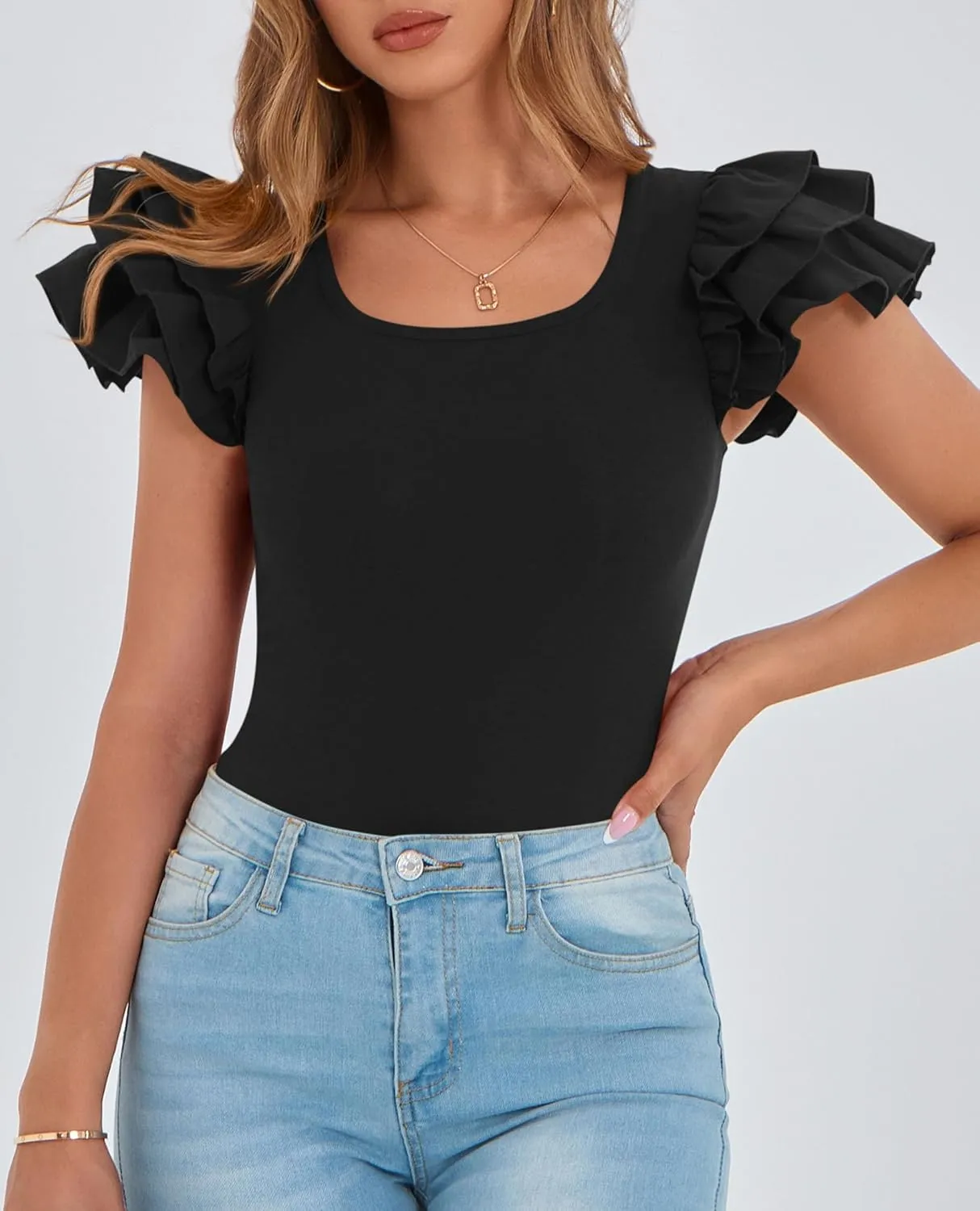 PRETTYGARDEN Womens Ruffle Short Sleeve Crew Neck Shirts 2025 Summer Casual Basic Tee Cute Fitted Fashion Tops Clothes